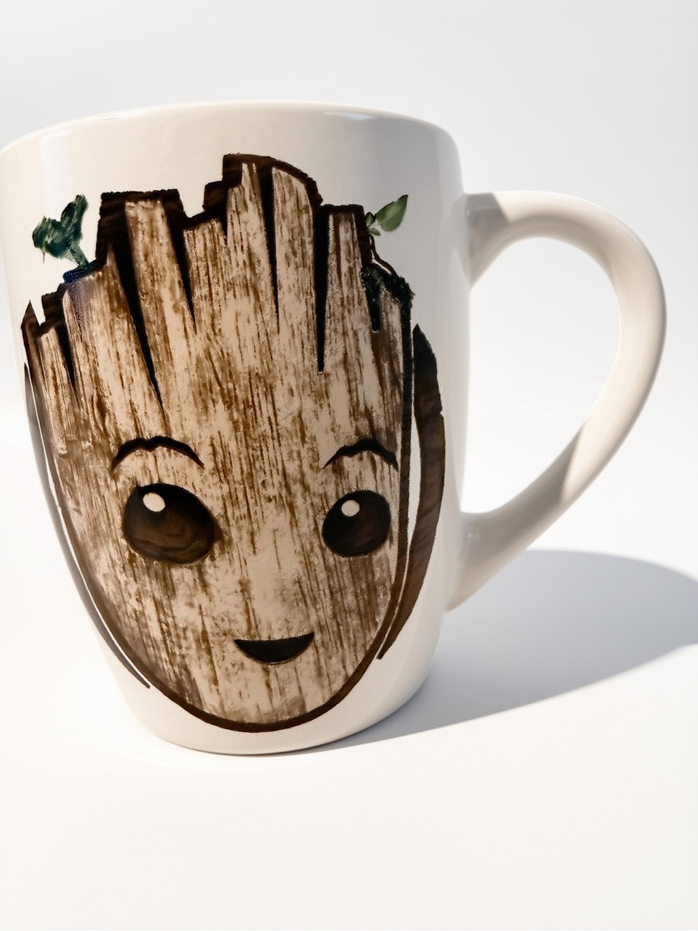 Marvel White Ceramic Mug with Brown Groot Face and Green Leaf Accents